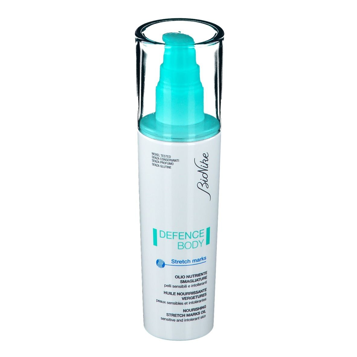 BioNike Defence Body. Weiße Flasche mit blauem Pumpkopf und durchsichtiger Kappe. Text: Stretch Marks.