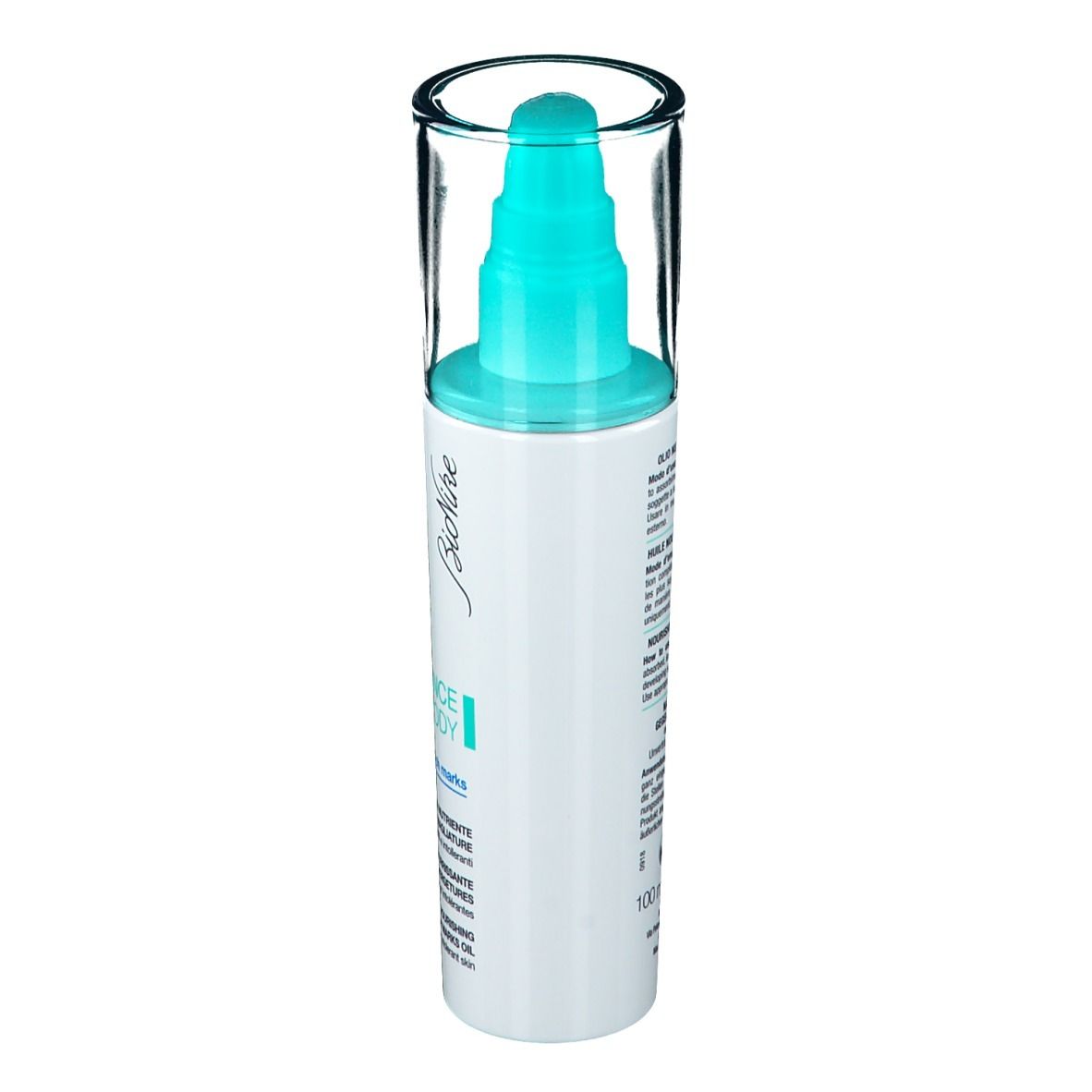 BioNike Defence Body. Weiße Flasche mit blauem Pumpkopf und durchsichtiger Kappe. Seitenansicht.
