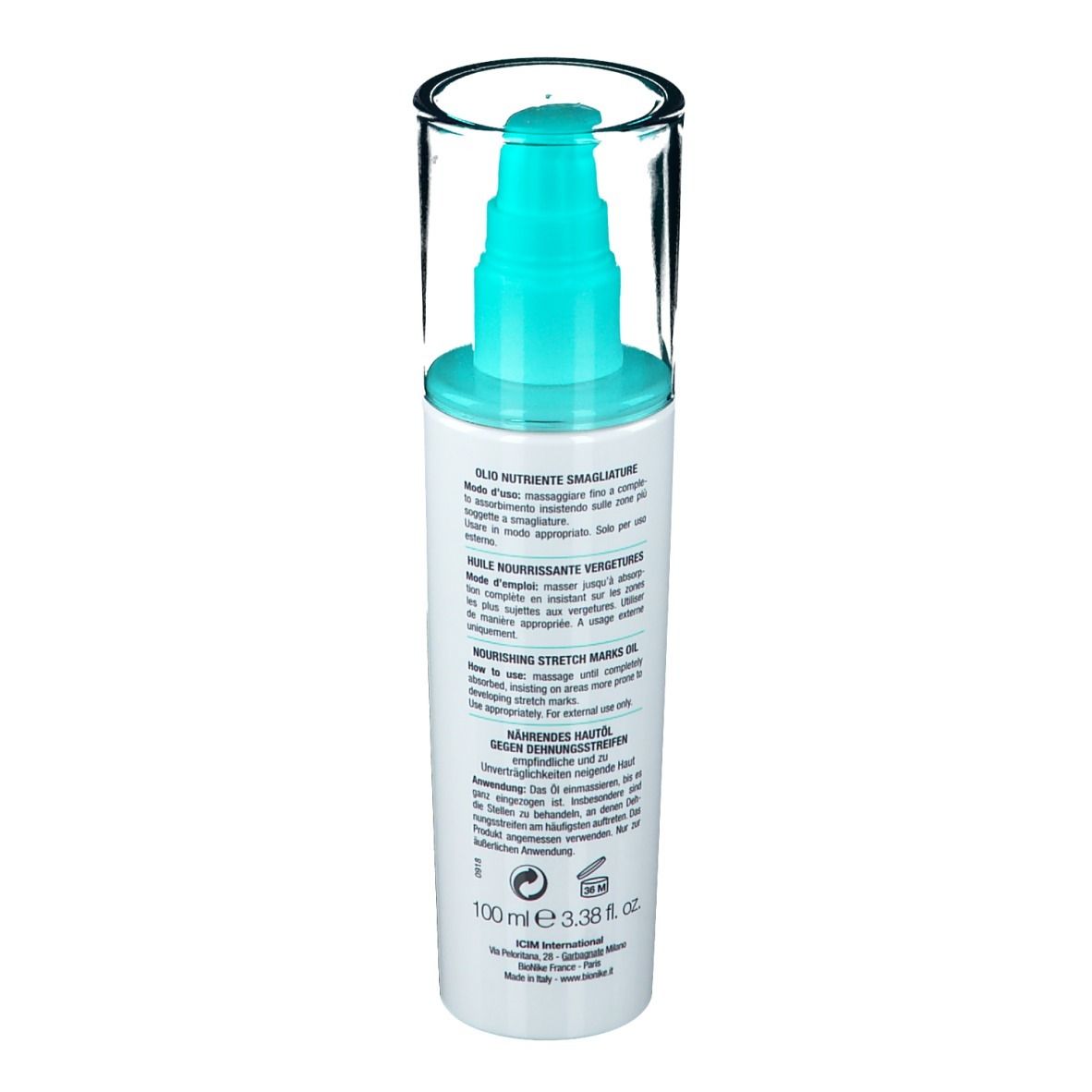 BioNike Defence Body. Weiße Flasche mit blauem Pumpkopf und durchsichtiger Kappe. Rückseite mit Text.