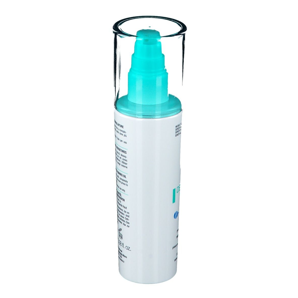 BioNike Defence Body. Weiße Flasche mit blauem Pumpkopf und durchsichtiger Kappe. Seitenansicht mit Text.