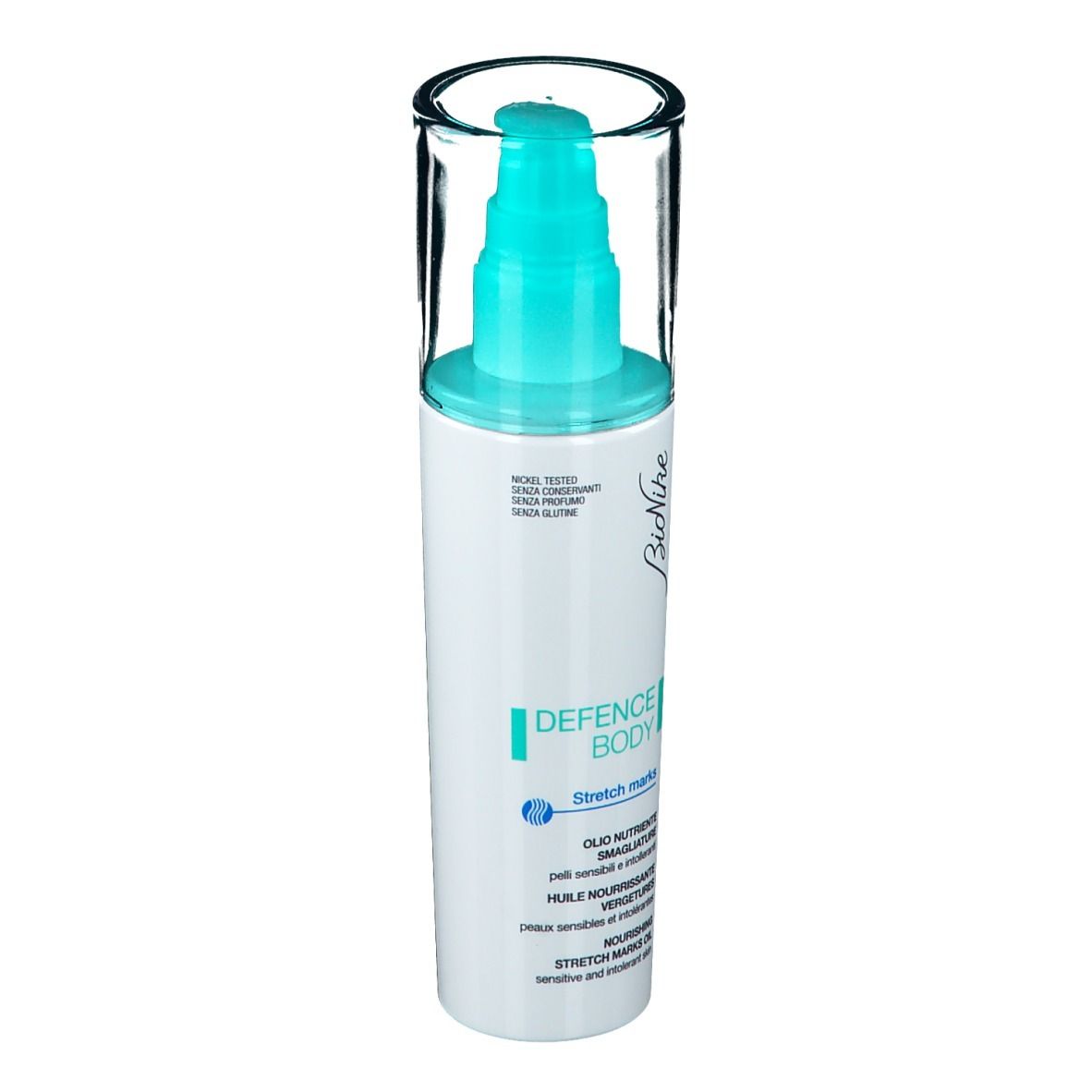 BioNike Defence Body. Weiße Flasche mit blauem Pumpkopf und durchsichtiger Kappe. Frontansicht.
