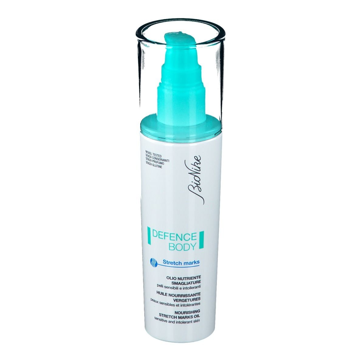 BioNike Defence Body. Weiße Flasche mit blauem Pumpkopf und durchsichtiger Kappe. Frontansicht.