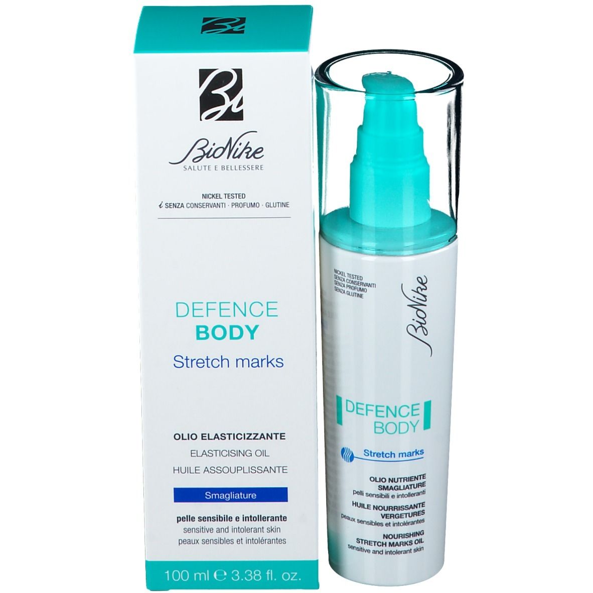 BioNike Defence Body. Flasche und Verpackung. Weiße Flasche mit blauem Pumpkopf. Karton mit Text.