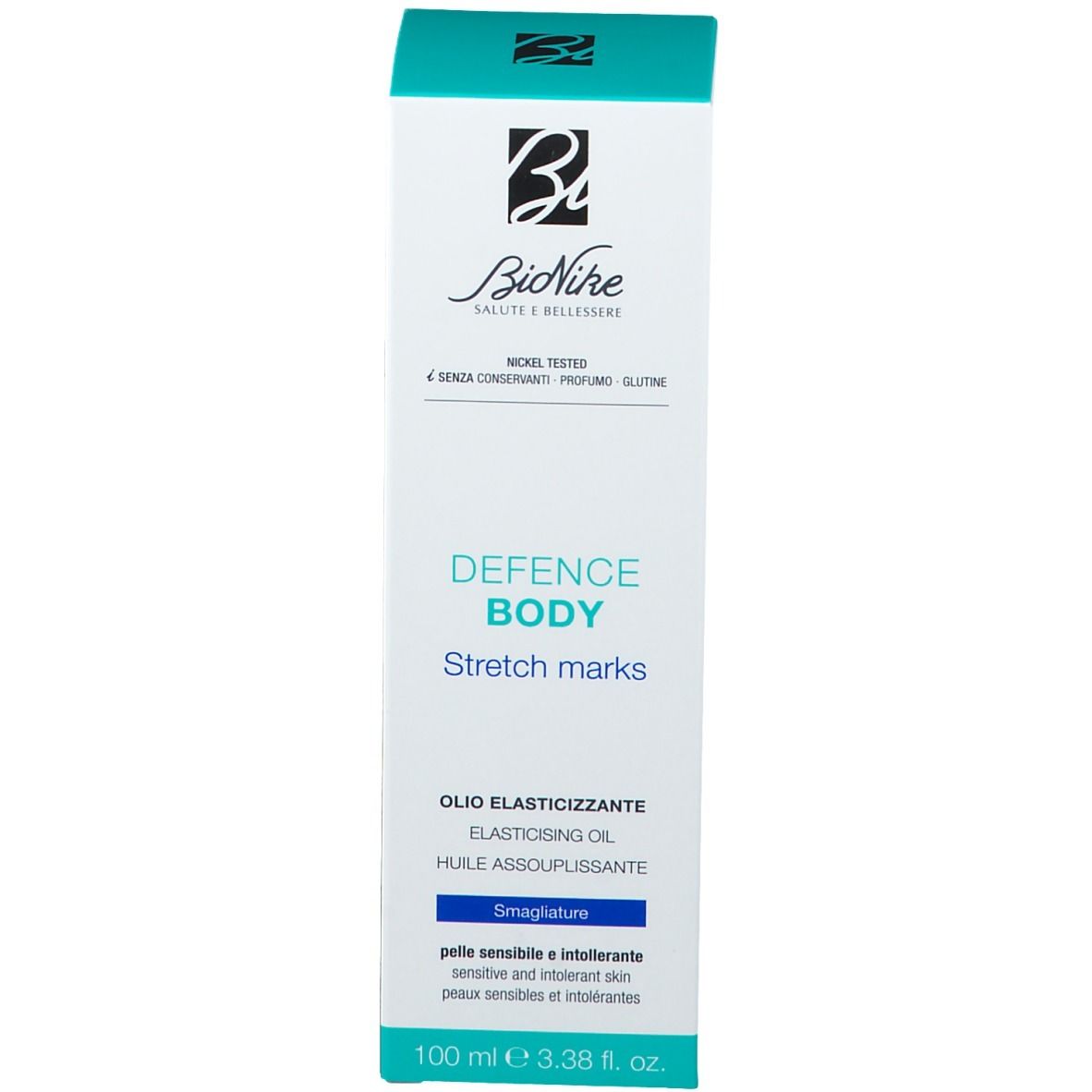 BioNike Defence Body. Verpackung. Weißer Karton mit Text und Logo. Text: Stretch Marks.