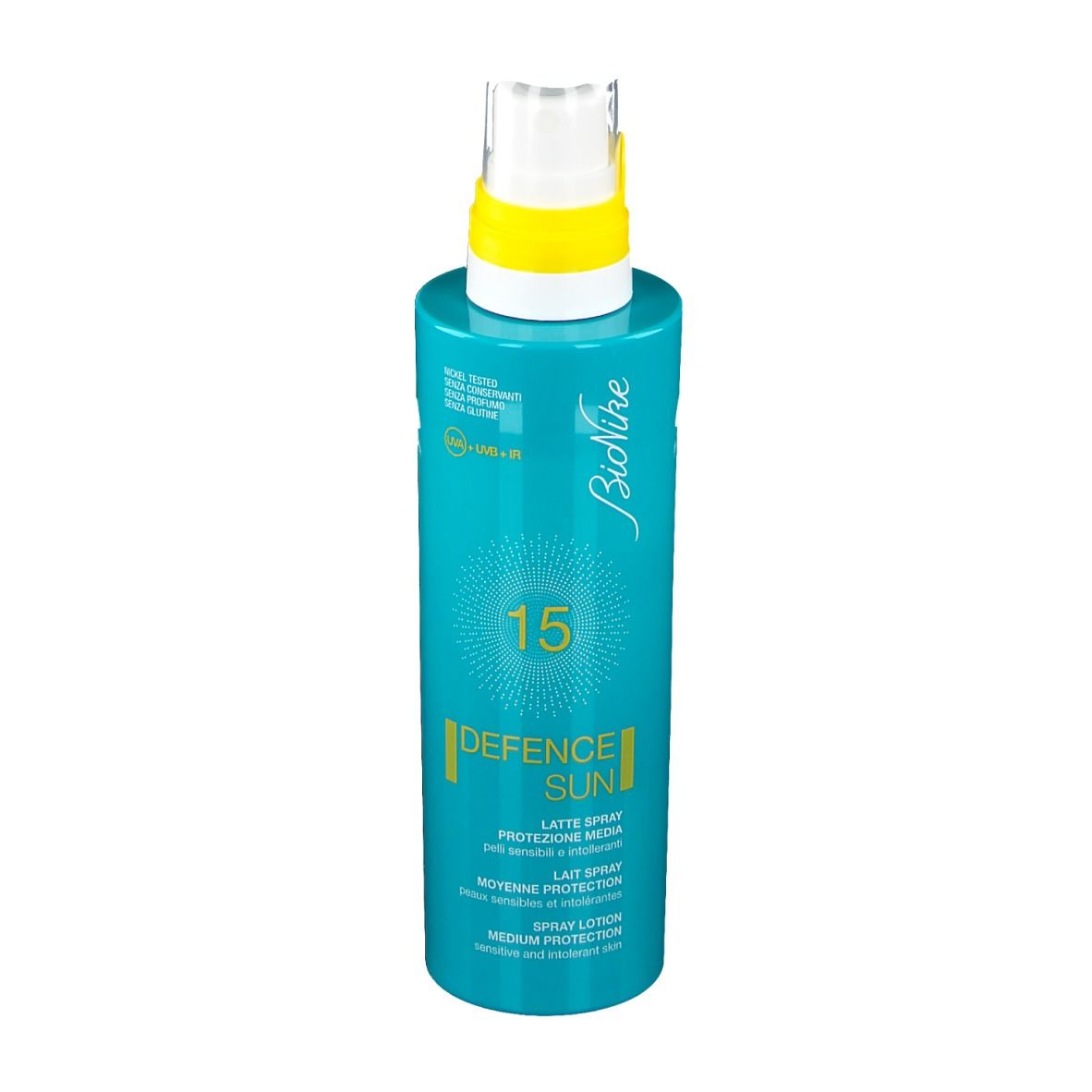 Flacone spray turchese con tappo giallo. Scritta: Defence Sun, SPF 15. Marchio: BioNike.