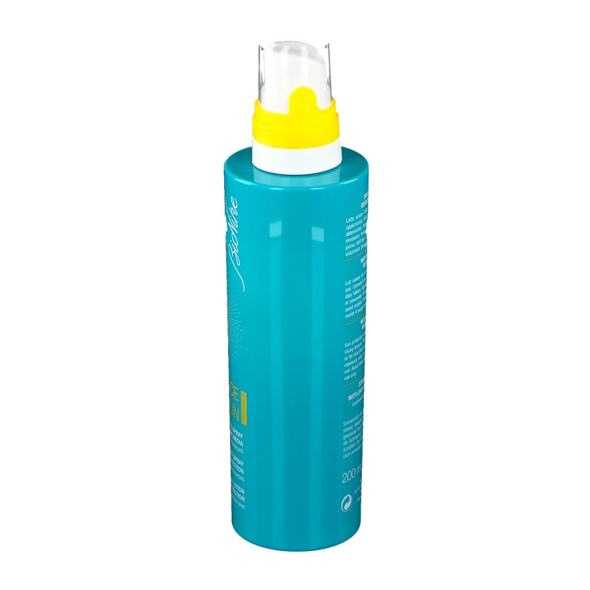 Flacone spray turchese con tappo giallo. Testo sul retro. Marchio: BioNike.