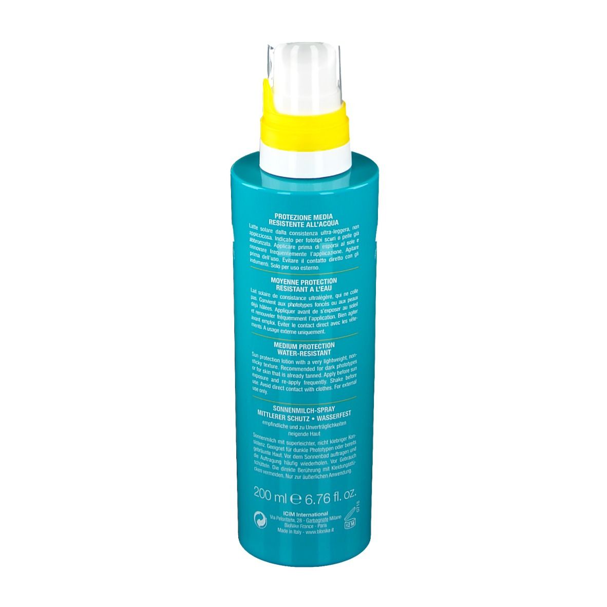 Flacone spray turchese con tappo giallo. Testo sul retro. Marchio: BioNike. Volume: 200 ml.