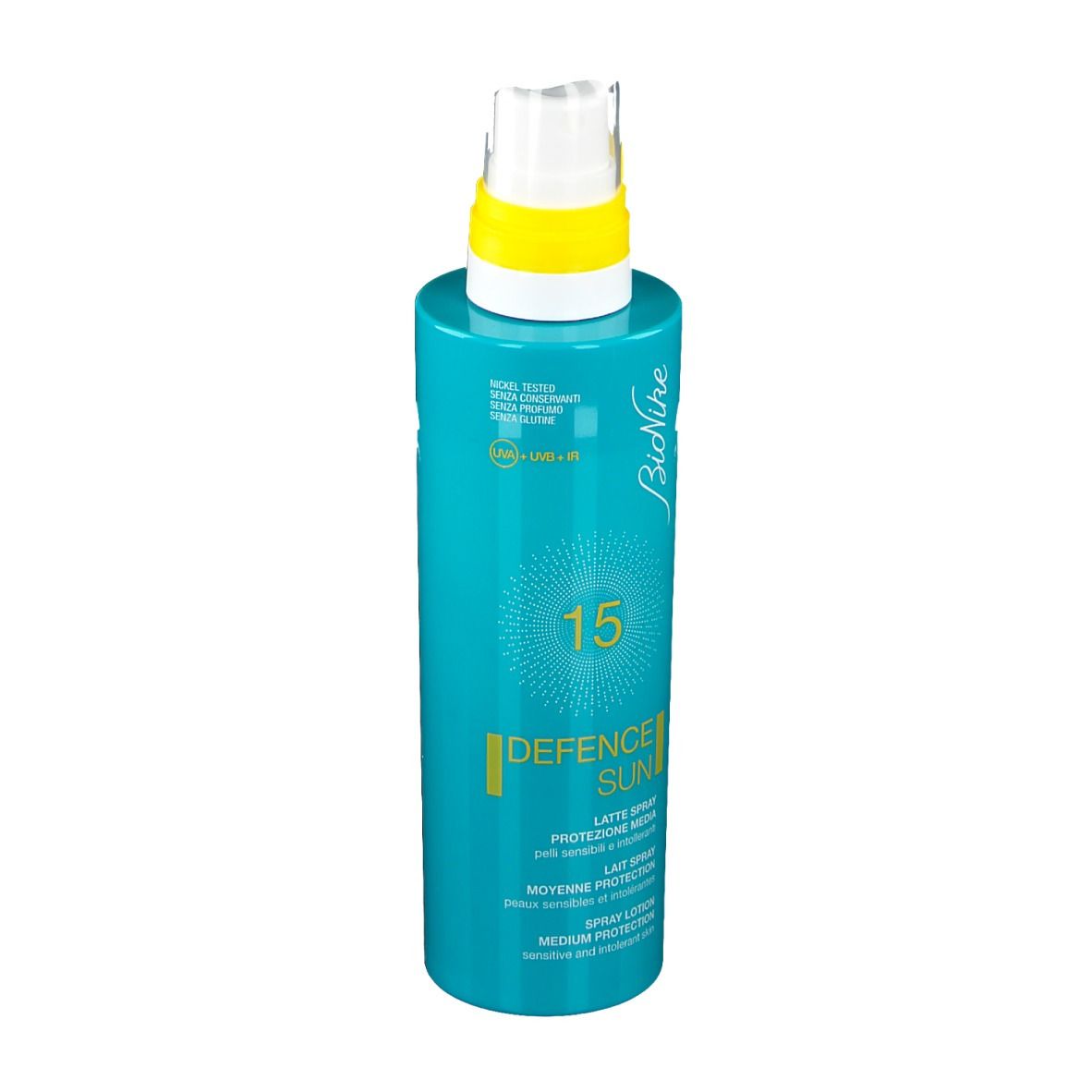 Flacone spray turchese con tappo giallo. Scritta: Defence Sun, SPF 15. Marchio: BioNike.