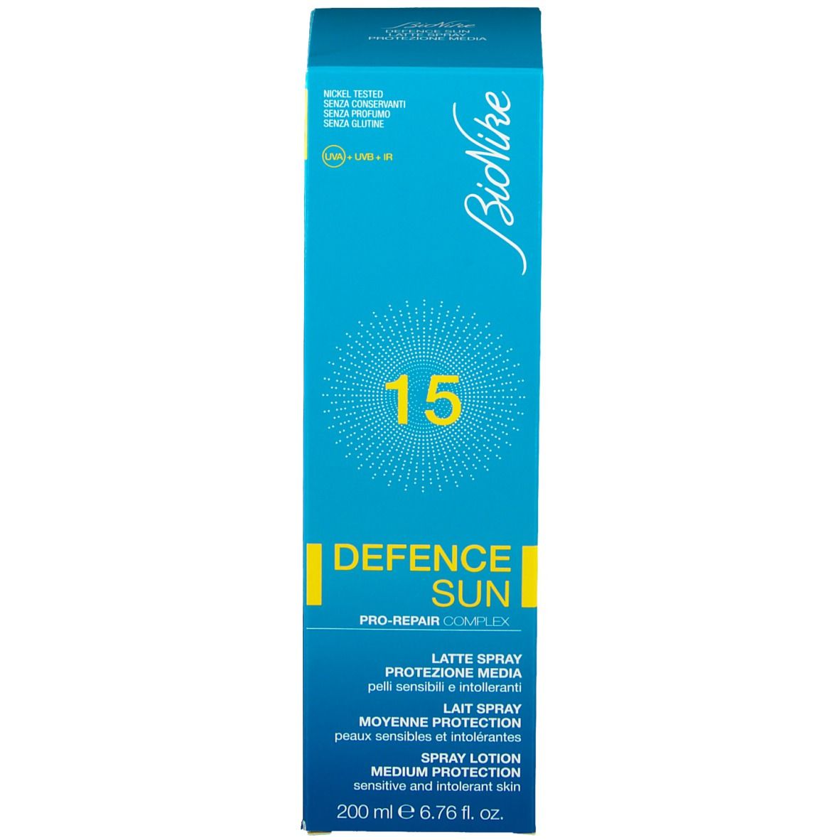 Confezione prodotto, scatola. Scritta: Defence Sun, SPF 15. Marchio: BioNike. Volume: 200 ml.