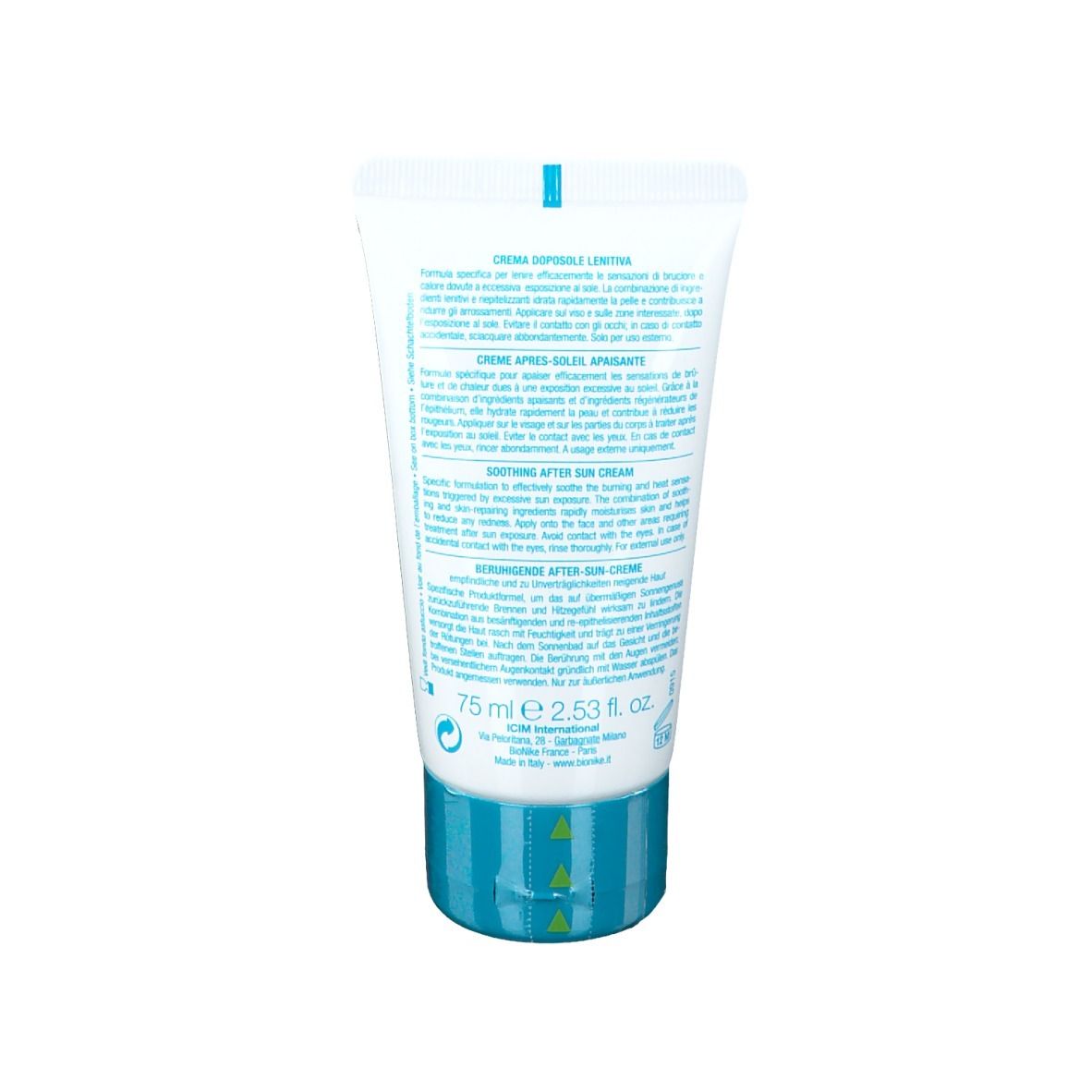 Retro del tubo. Testo multilingue. Scritta: After Sun Crema Doposole Lenitiva. 75 ml.