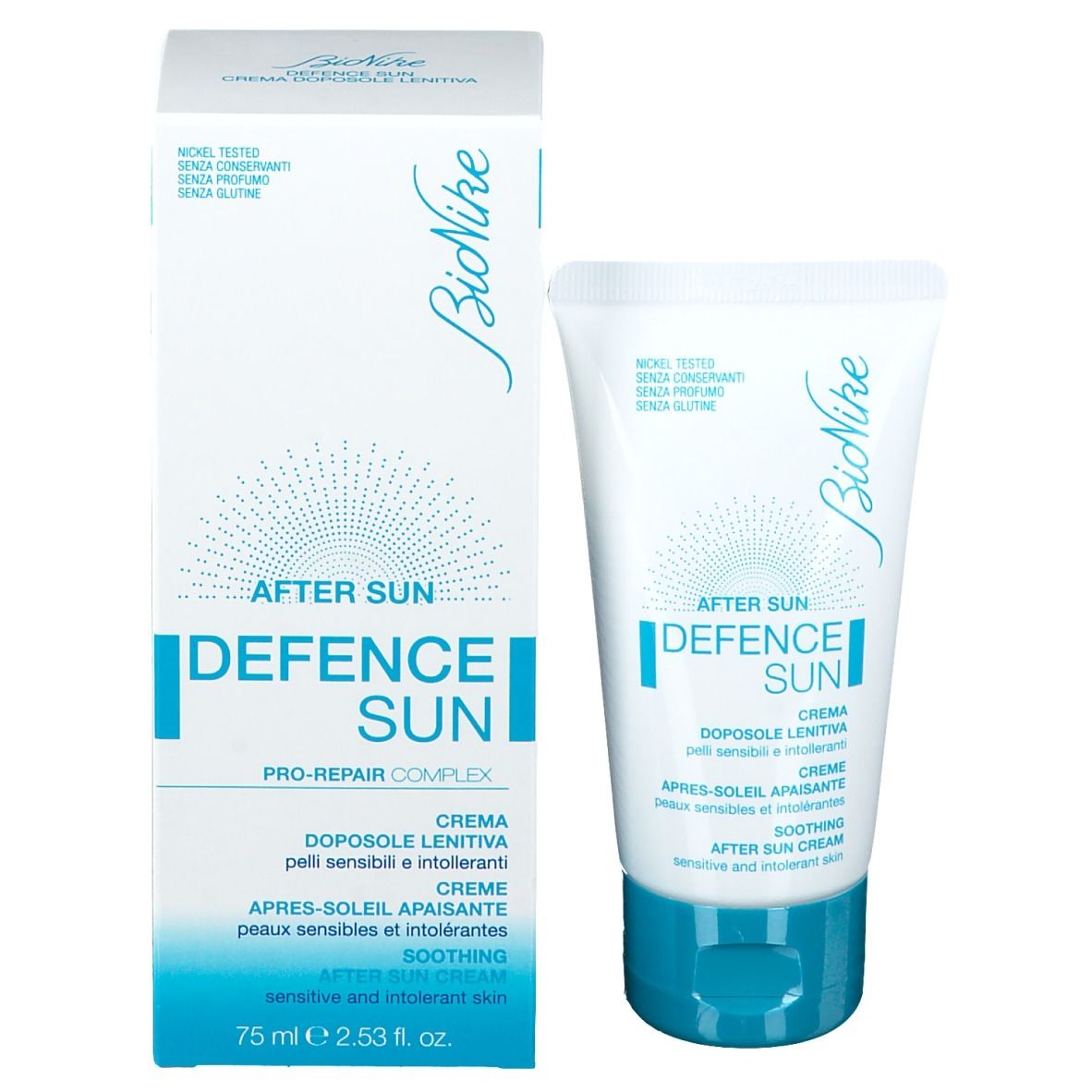 Confezione del prodotto con tubo. Scritta: After Sun Defence Sun, Bionike. Crema Doposole Lenitiva. 75 ml.