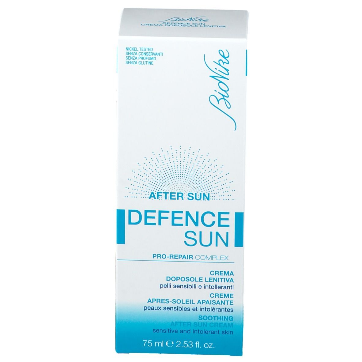 Confezione del prodotto. Scritta: After Sun Defence Sun, Bionike. Crema Doposole Lenitiva. 75 ml.