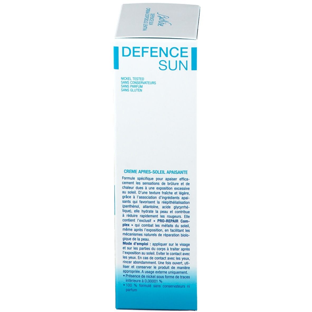 Retro della confezione. Testo multilingue. Scritta: After Sun Crema Dopo-Sole. 75 ml.