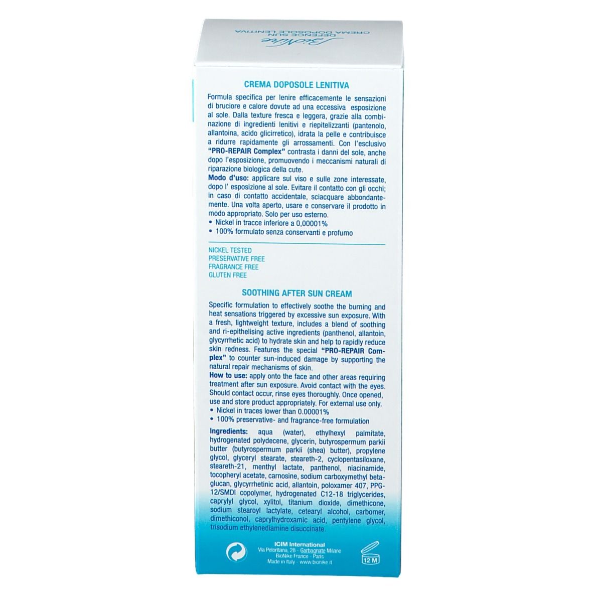 Retro della confezione. Testo multilingue. Scritta: Soothing After Sun Cream. Ingredienti.