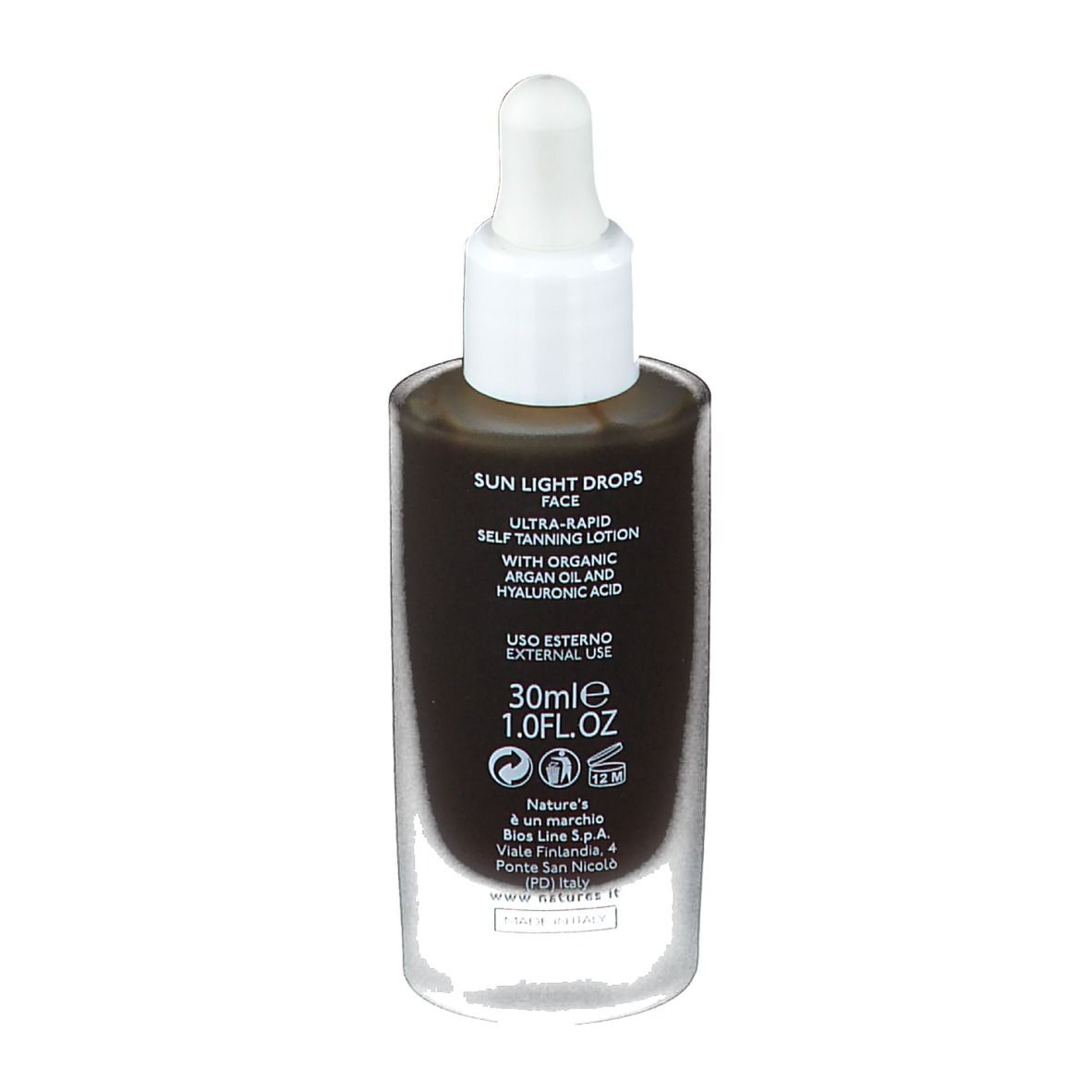 Retro di un flacone in vetro con contagocce. Scritta: Sun Light Drops, 30ml, Uso Esterno, ingredienti.