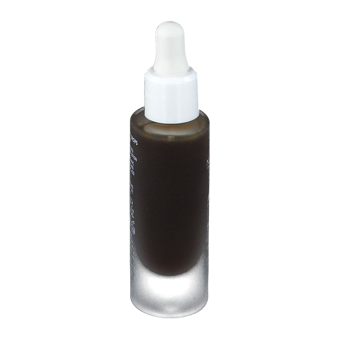 Flacone in vetro con contagocce, riempito con liquido marrone. Scritta: Arga, Gocce di Sole, Fludio Autoabbronzante.