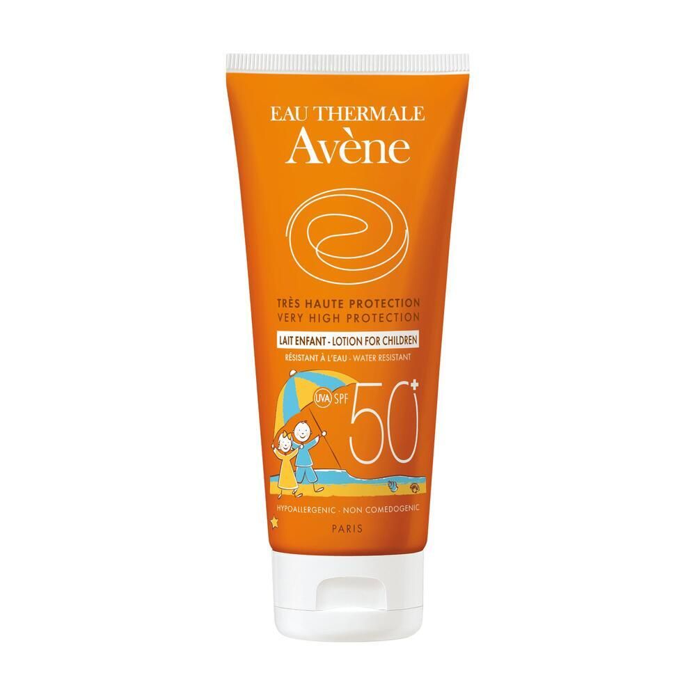 Tubo arancione di latte solare. Scritta: EAU THERMALE Avène, SPF 50+, Lait Enfant. Disegno bambino.