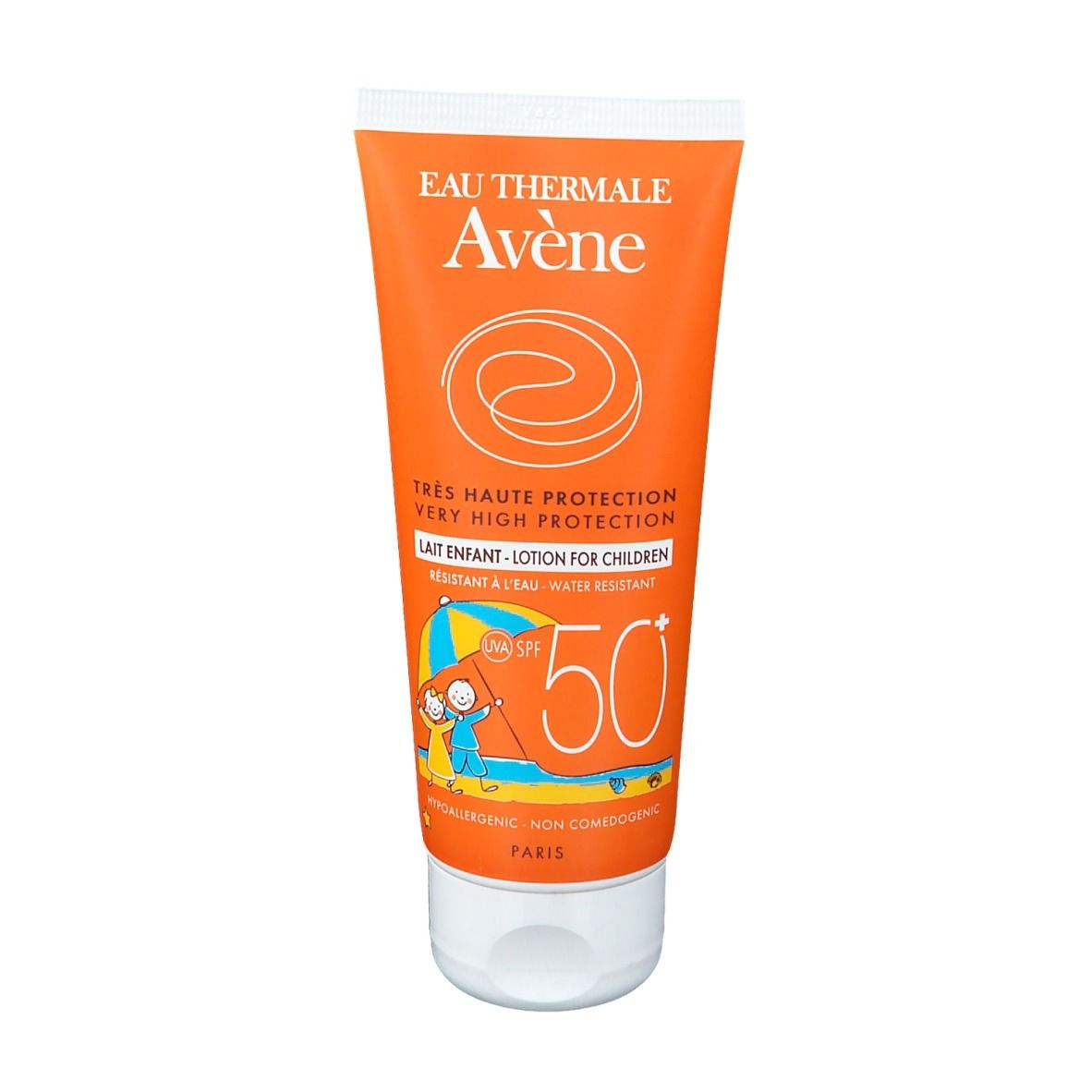 Tubo arancione di latte solare. Scritta: EAU THERMALE Avène, SPF 50+, Lait Enfant. Disegno bambino.