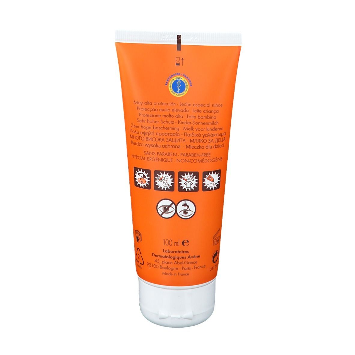 Retro del tubo di latte solare. Testi multilingue, pittogrammi, 100 ml, Prodotto in Francia.