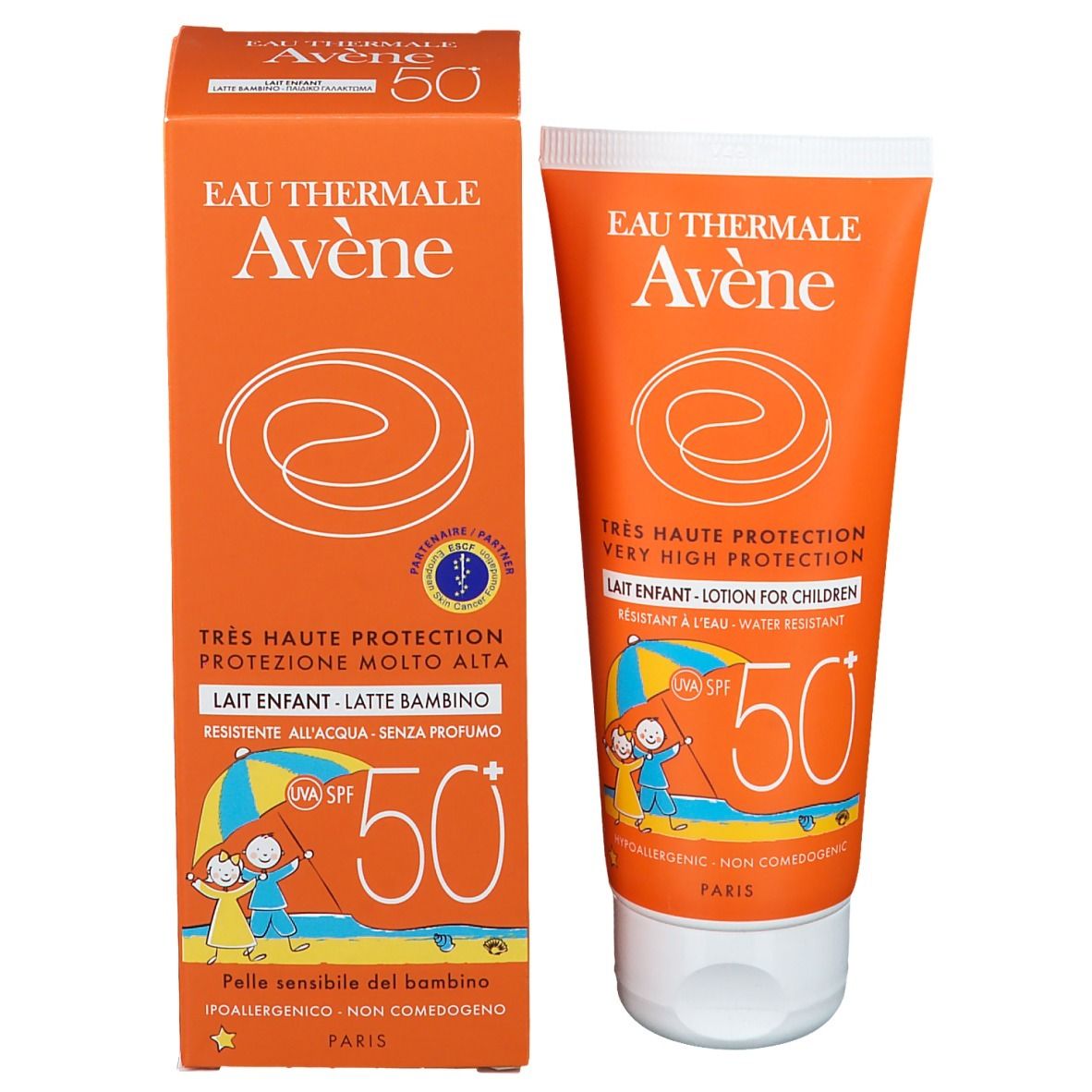 Tubo e confezione di latte solare. Scritta: EAU THERMALE Avène, SPF 50+, Lait Enfant. Disegno bambino.
