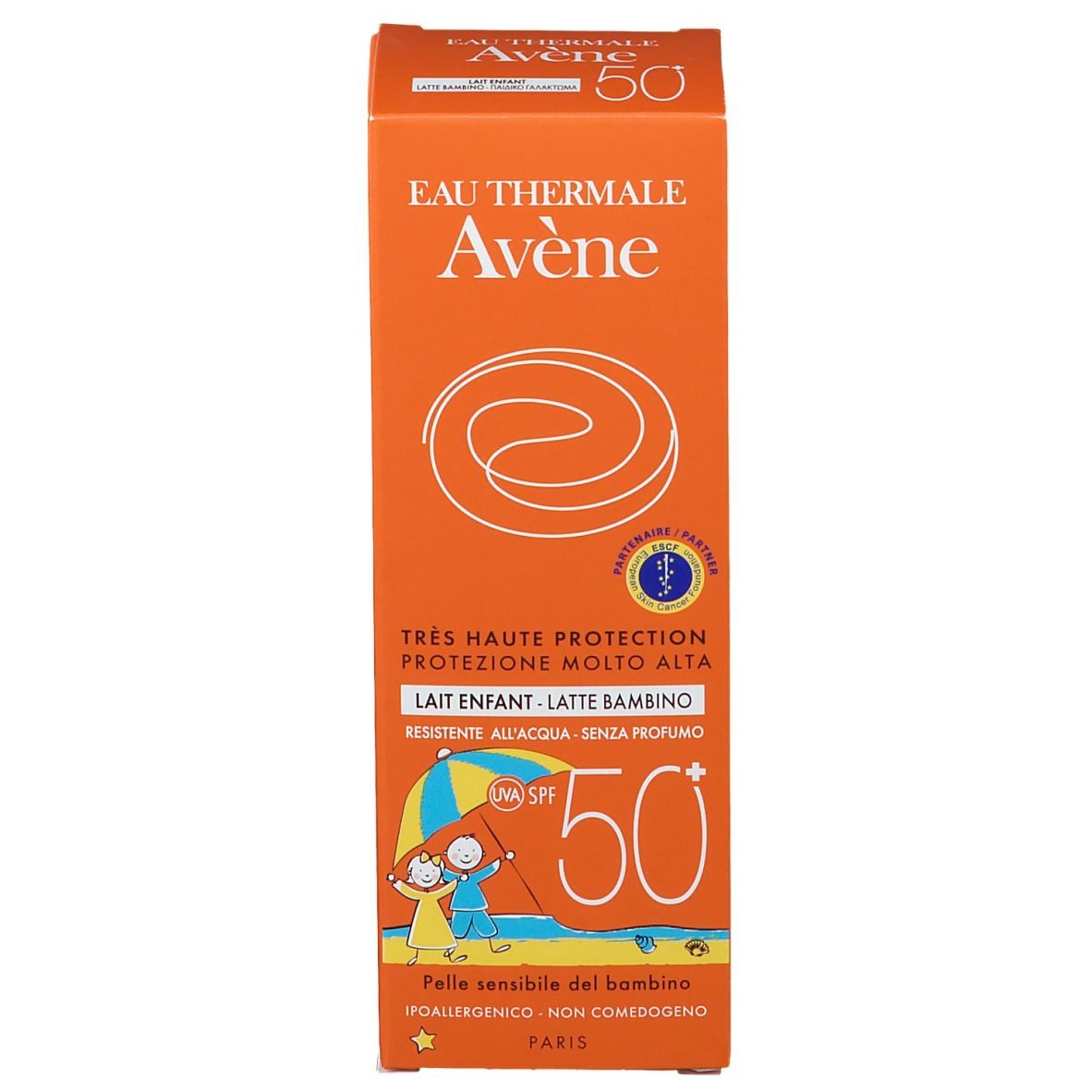 Confezione arancione di latte solare. Scritta: EAU THERMALE Avène, SPF 50+, Lait Enfant. Disegno bambino.