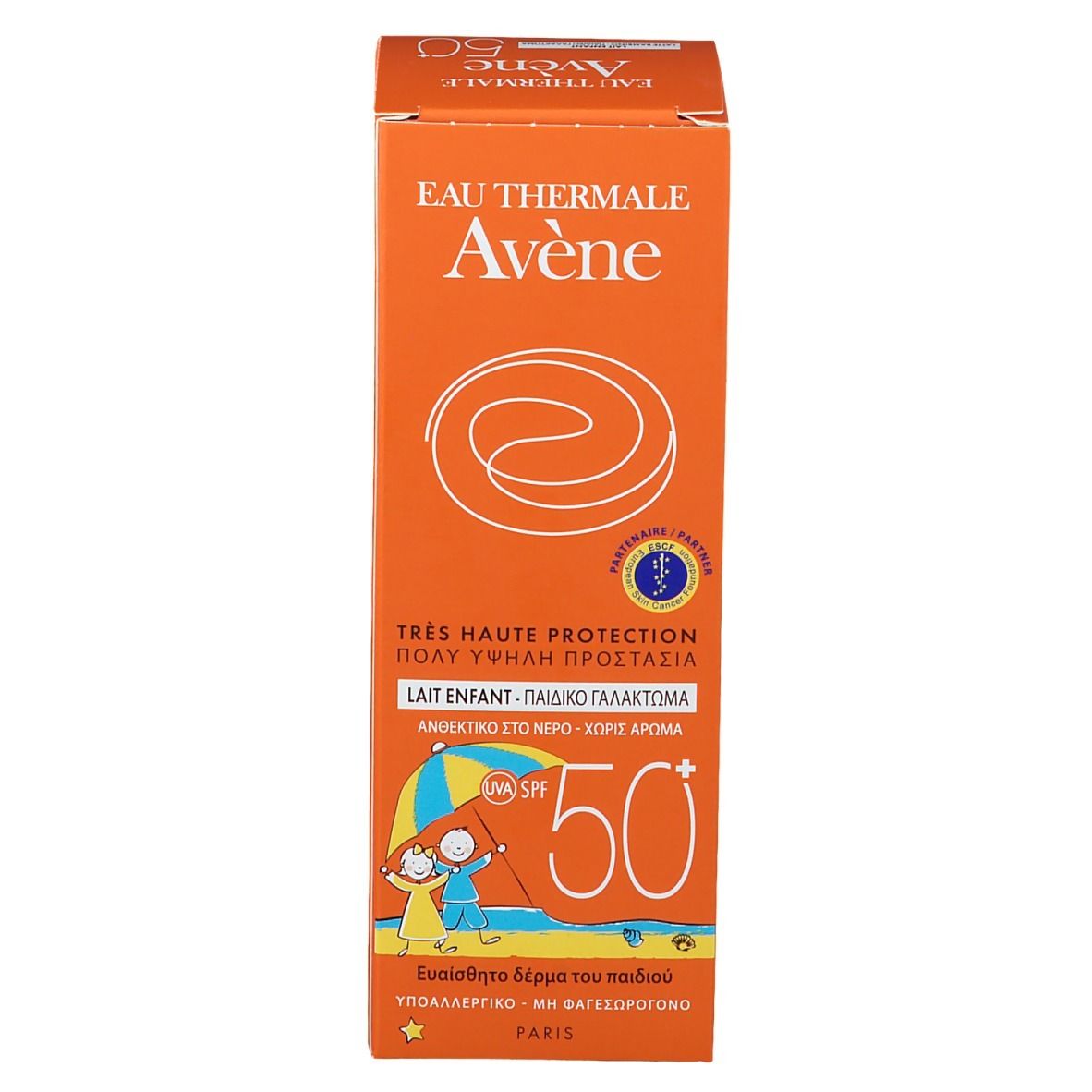 Confezione di latte solare. Scritta: EAU THERMALE Avène, SPF 50+, Lait Enfant. Disegno bambino.