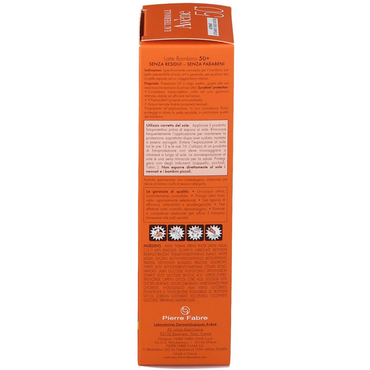 Retro della confezione. Testi multilingue, pittogrammi, 100 ml, Prodotto in Francia.