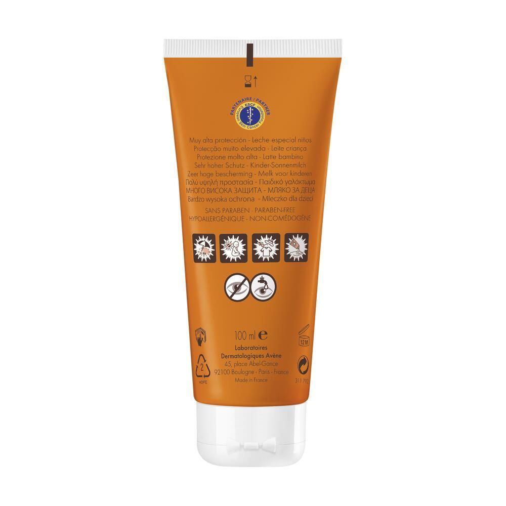 Retro del tubo di latte solare. Testi multilingue, pittogrammi, 100 ml, Prodotto in Francia.