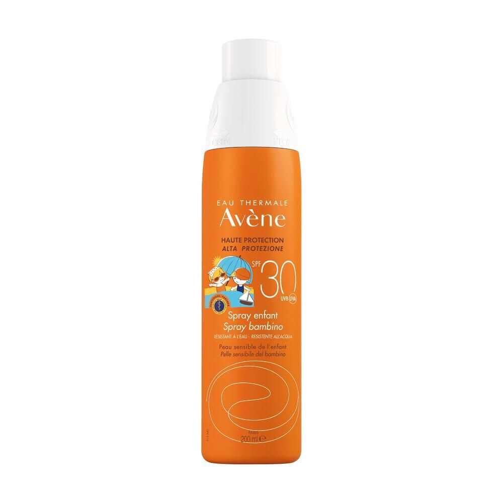 Flacone spray arancione con tappo bianco. Scritta: Eau Thermale Avène, SPF 30. Illustrazione di bambini. Per bambini.