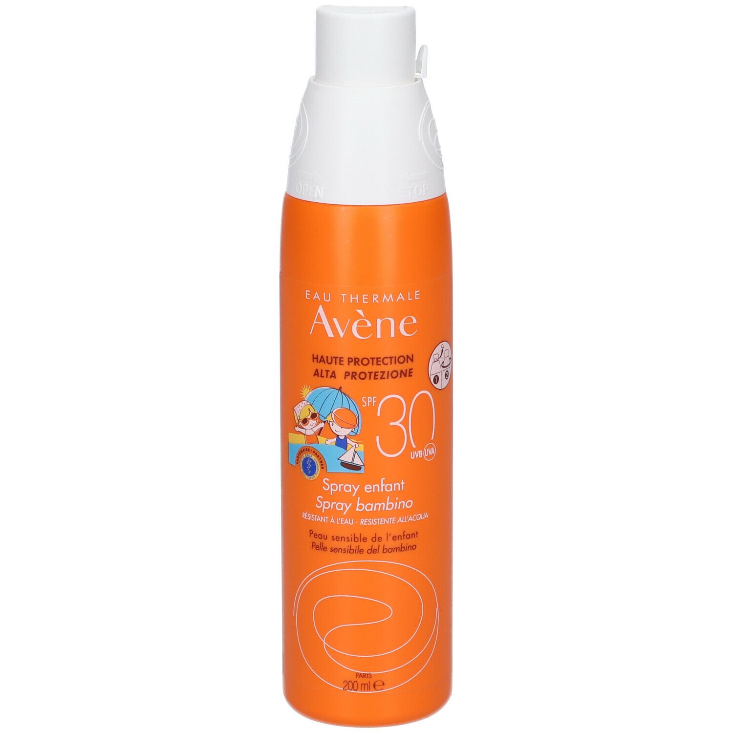 Flacone spray arancione con tappo bianco. Scritta: Eau Thermale Avène, SPF 30. Illustrazione di bambini. Per bambini.