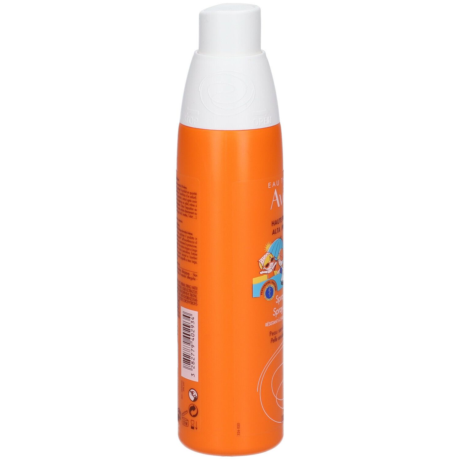 Lato di un flacone spray arancione. Scritta: Eau Thermale Avène, SPF 30. Illustrazione di bambini.