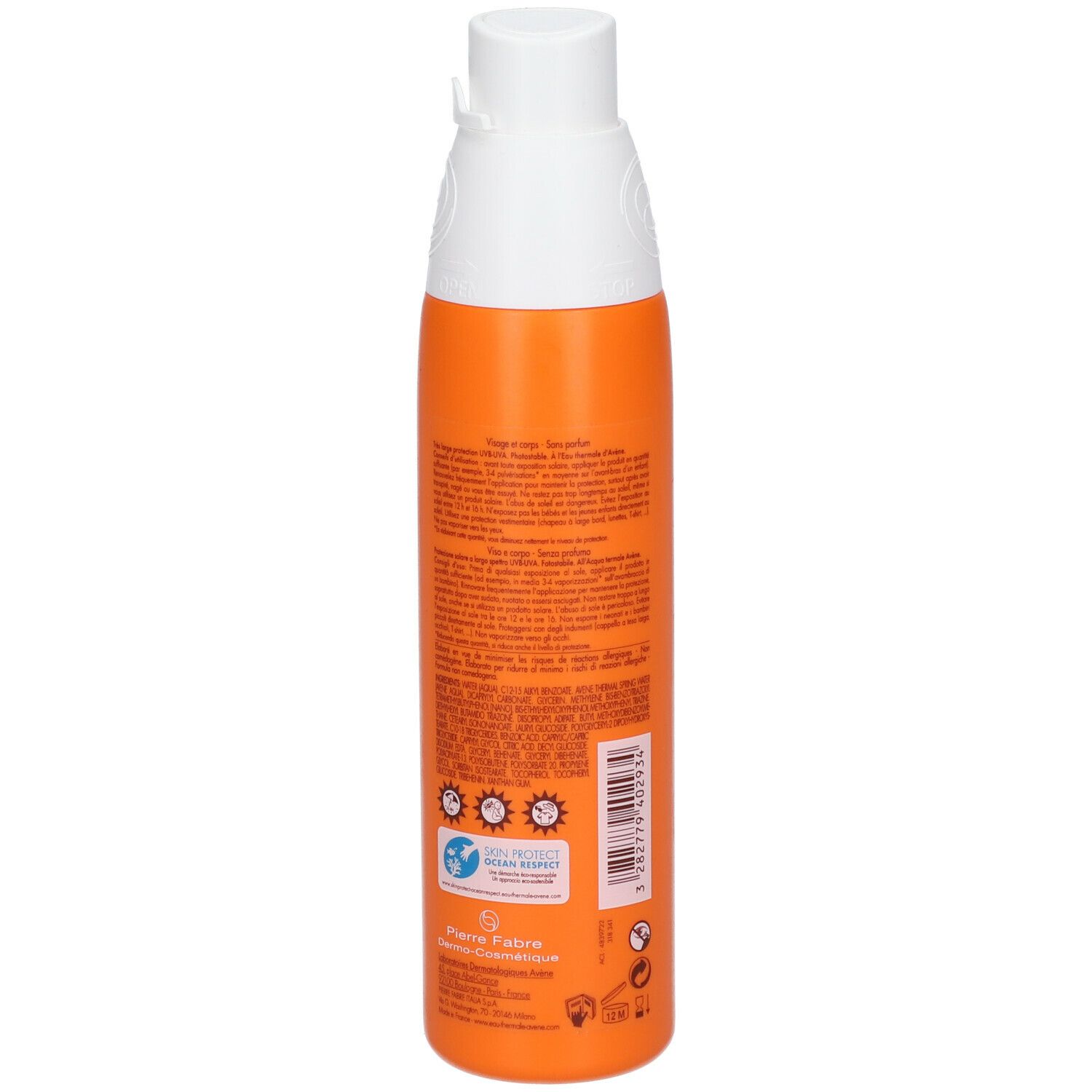 Retro di un flacone spray arancione. Testo con ingredienti e informazioni. Loghi di rispetto ambientale.