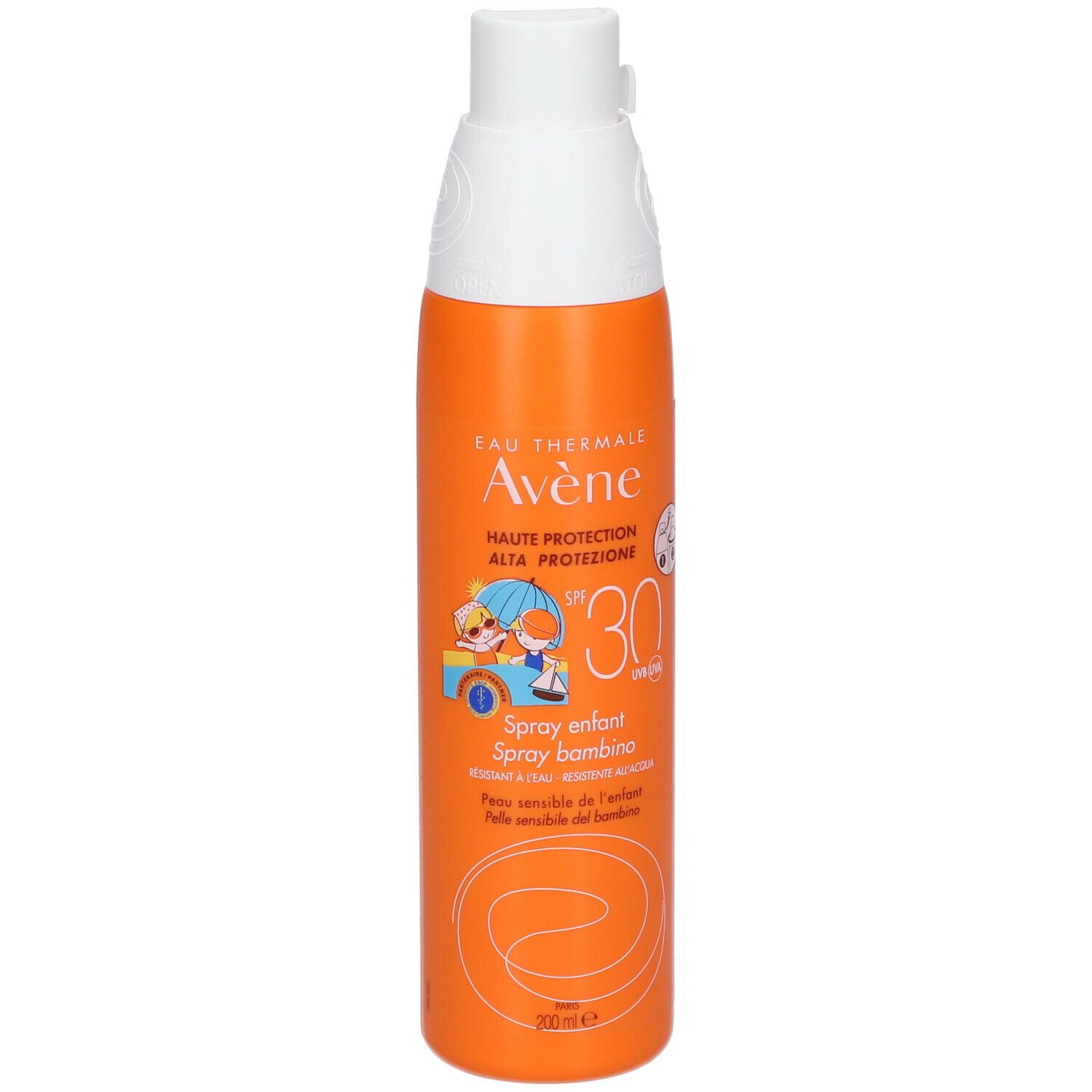 Flacone spray arancione con tappo bianco. Scritta: Eau Thermale Avène, SPF 30. Illustrazione di bambini. Per bambini.