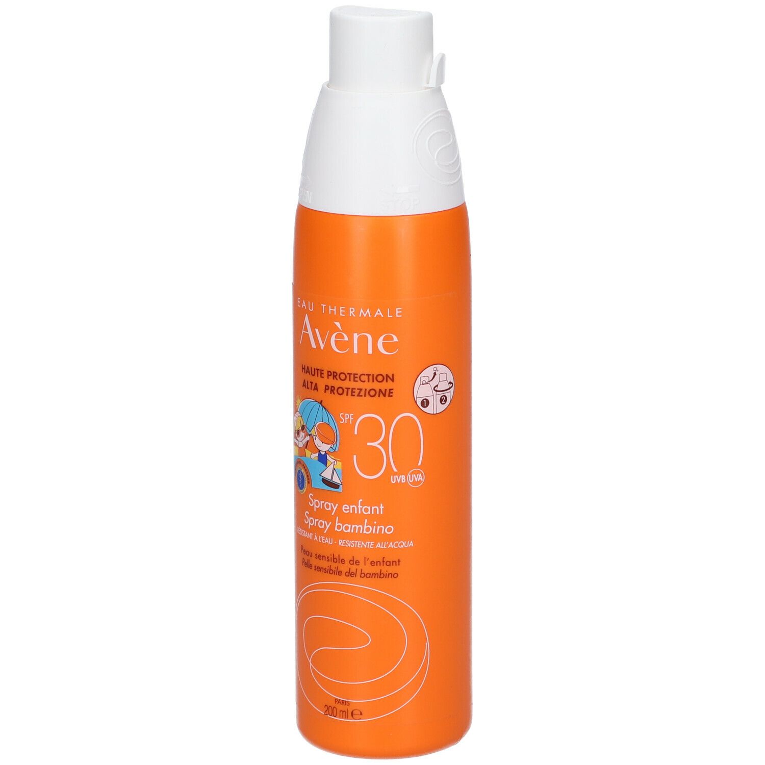 Flacone spray arancione con tappo bianco. Scritta: Eau Thermale Avène, SPF 30. Illustrazione di bambini. Per bambini.