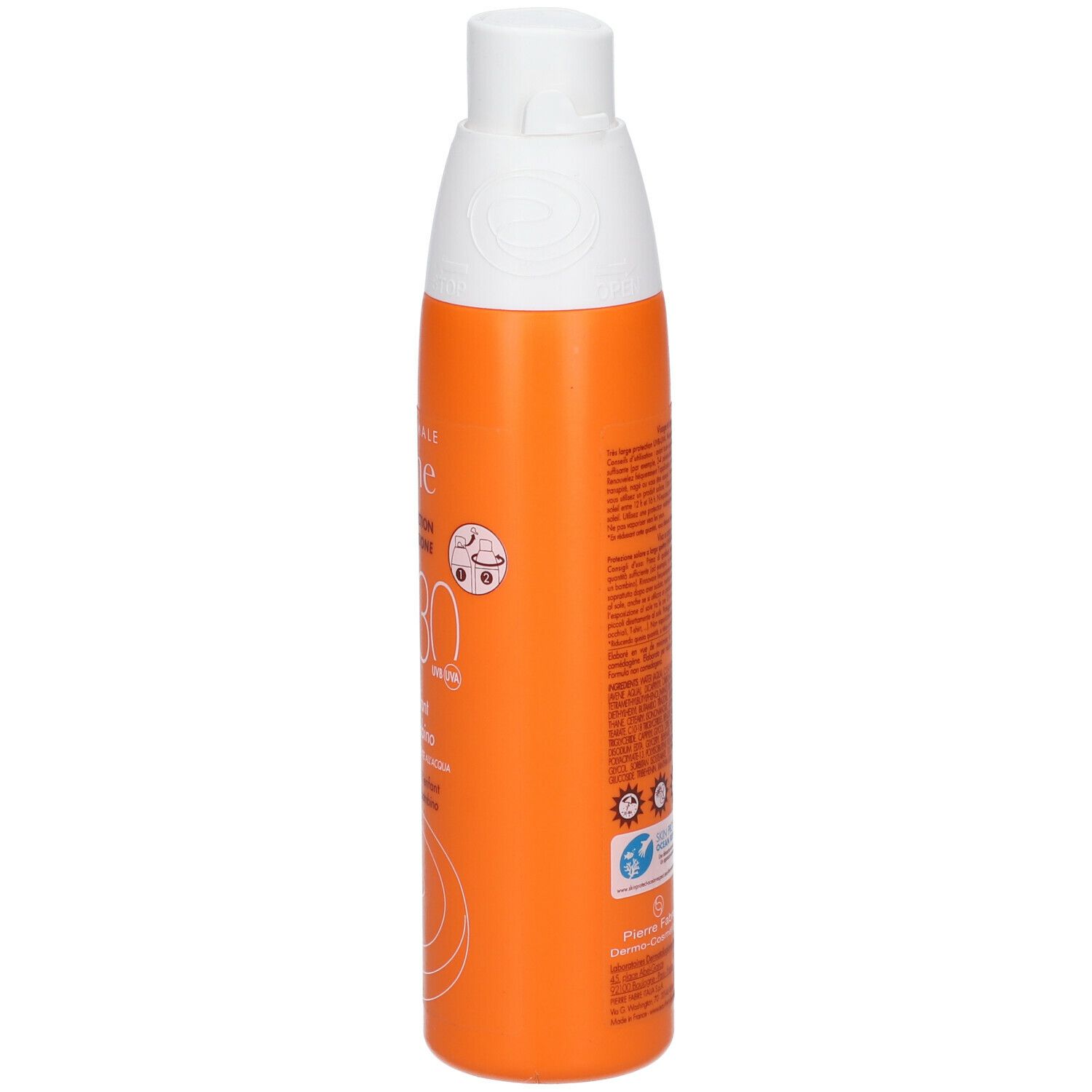 Lato di un flacone spray arancione. Scritta: Eau Thermale Avène, SPF 30. Illustrazione di bambini.