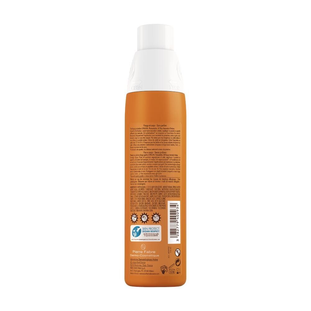 Retro di un flacone spray arancione. Testo con ingredienti e informazioni. Loghi di rispetto ambientale.