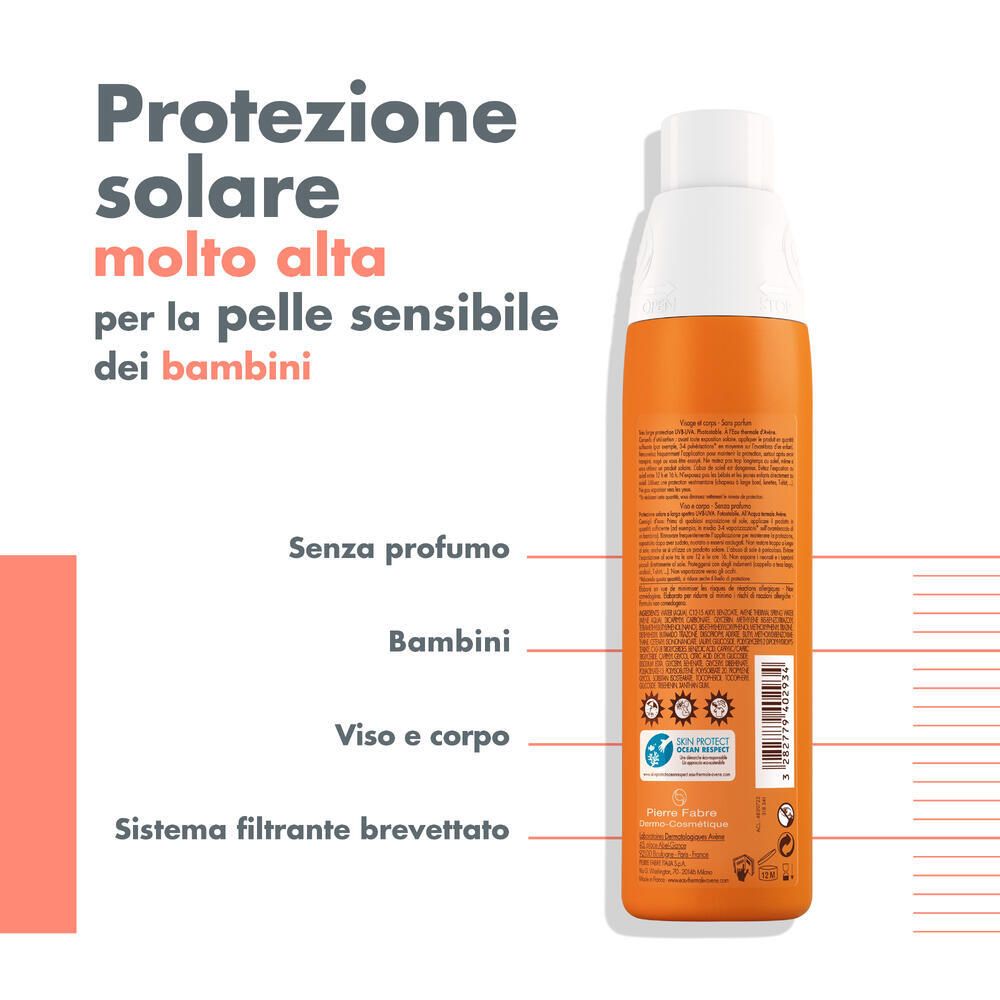 Retro di un flacone spray arancione. Sezioni di testo con informazioni sul prodotto. Loghi e testo.