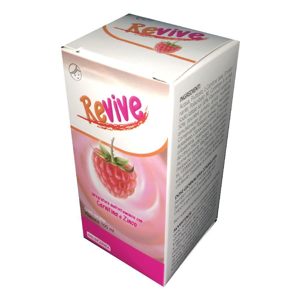 Confezione in cartone con nome Revive e illustrazione di lampone. Testo in italiano.