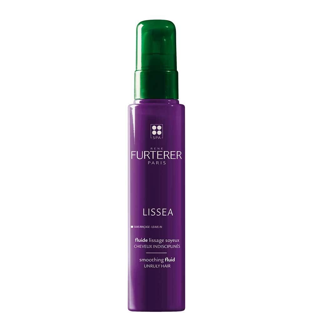 Flacon violet avec pompe verte. Inscription: FURTERER PARIS, LISSEA, smoothing fluid. Le flacon est debout.