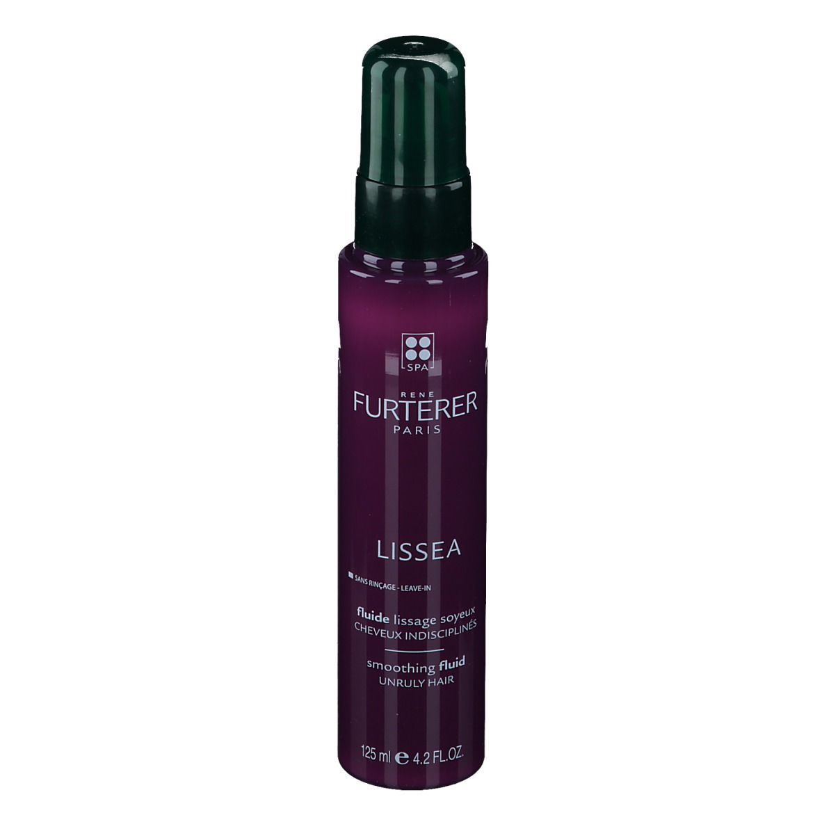 Flacon violet avec pompe verte. Inscription: FURTERER PARIS, LISSEA, smoothing fluid. Volume: 125 ml.
