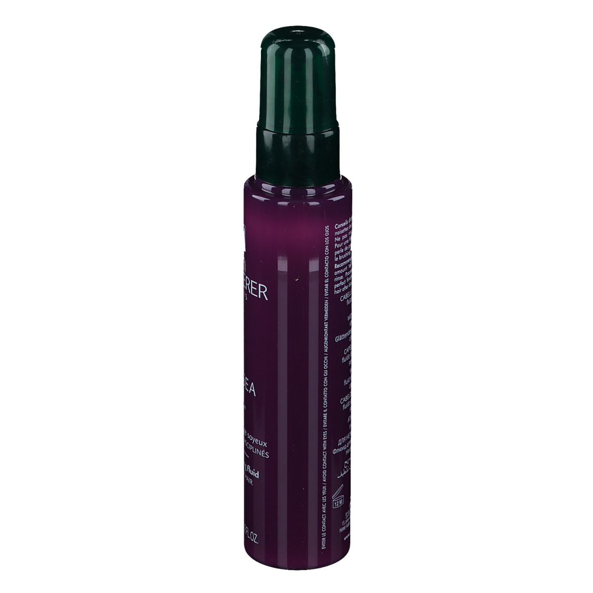 Flacon violet avec pompe verte. Inscription: FURTERER PARIS, LISSEA, smoothing fluid. Vue latérale.