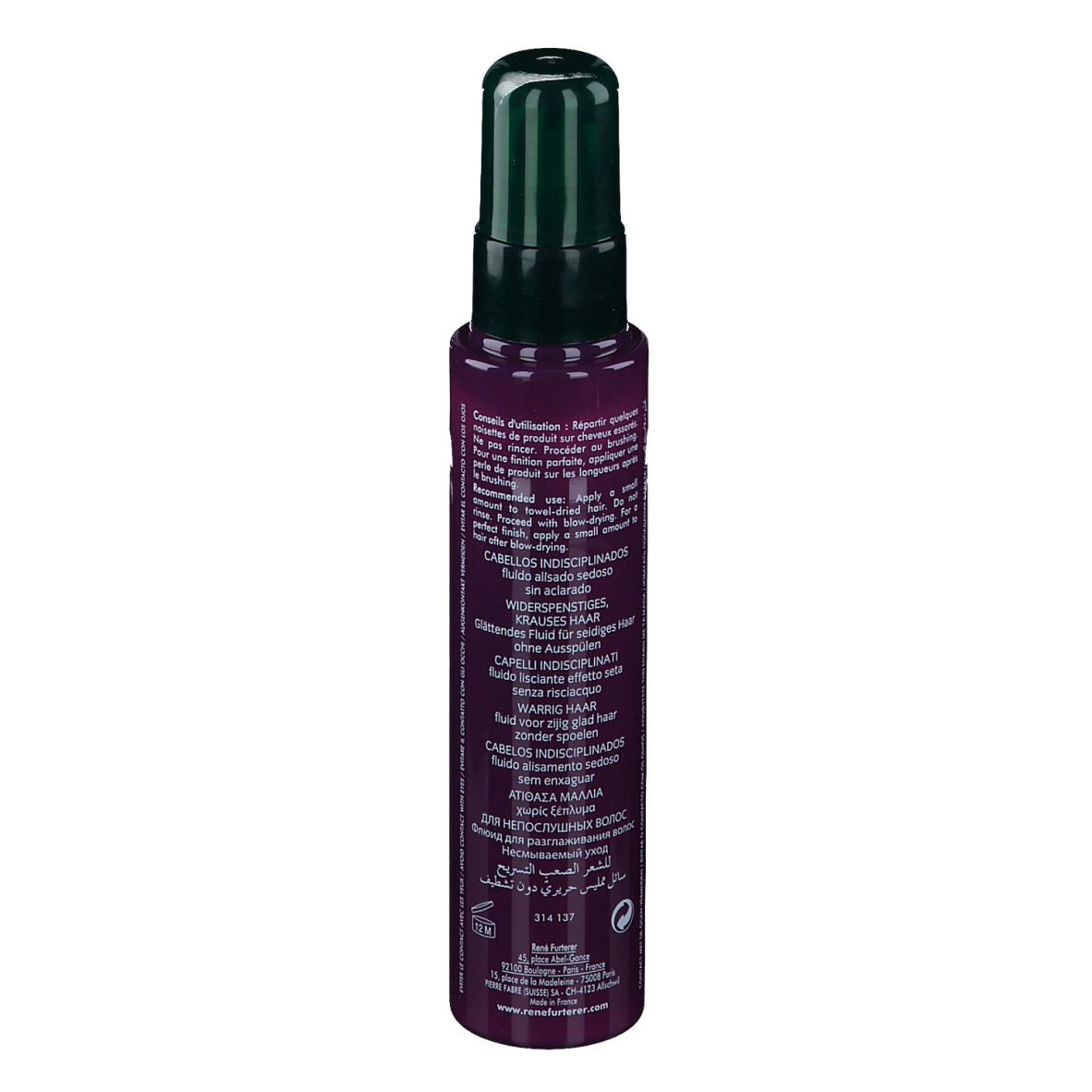 Flacon violet avec pompe verte. Dos avec texte. Inscription: FURTERER PARIS, LISSEA, smoothing fluid.
