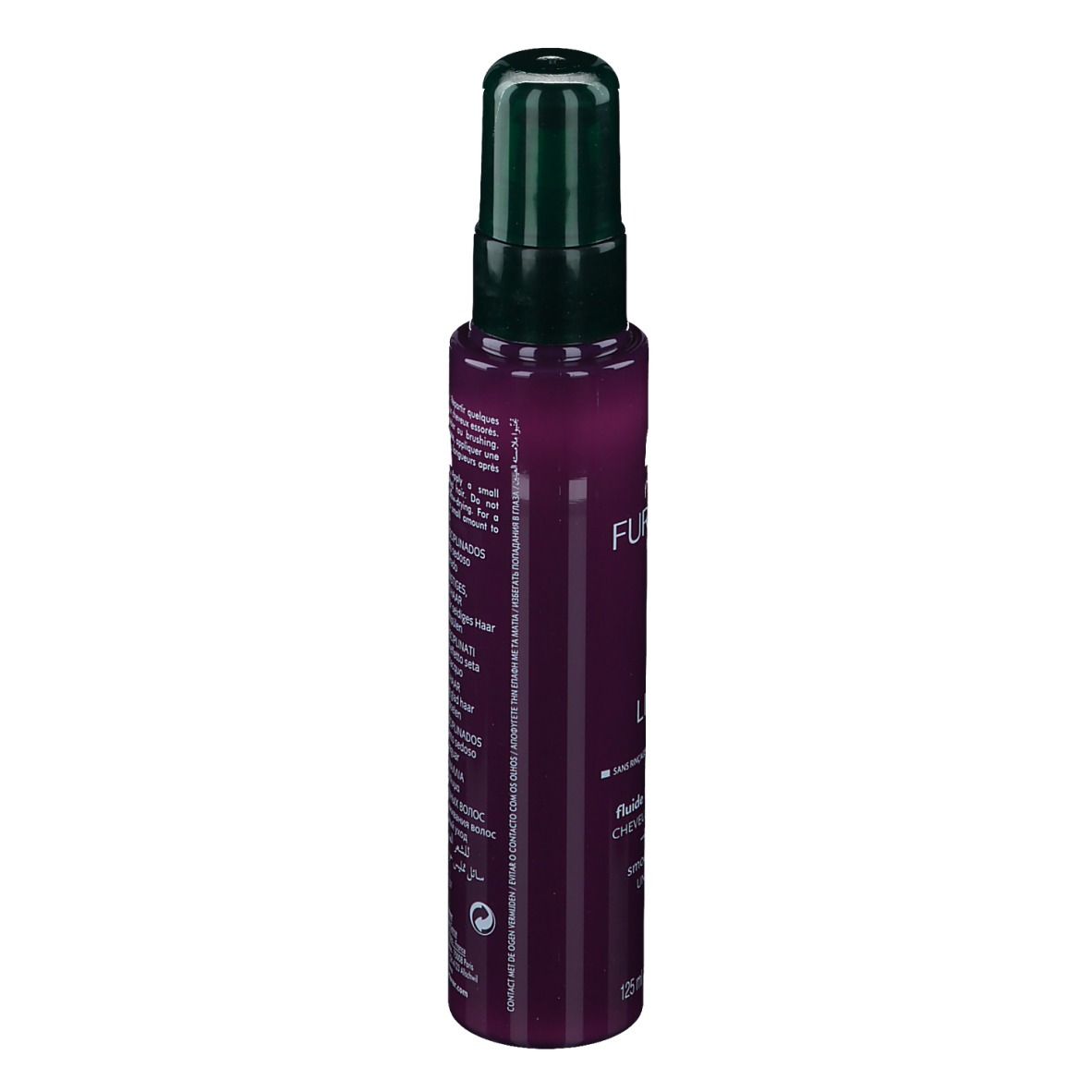 Flacon violet avec pompe verte. Inscription: FURTERER PARIS, LISSEA, smoothing fluid. Vue latérale.