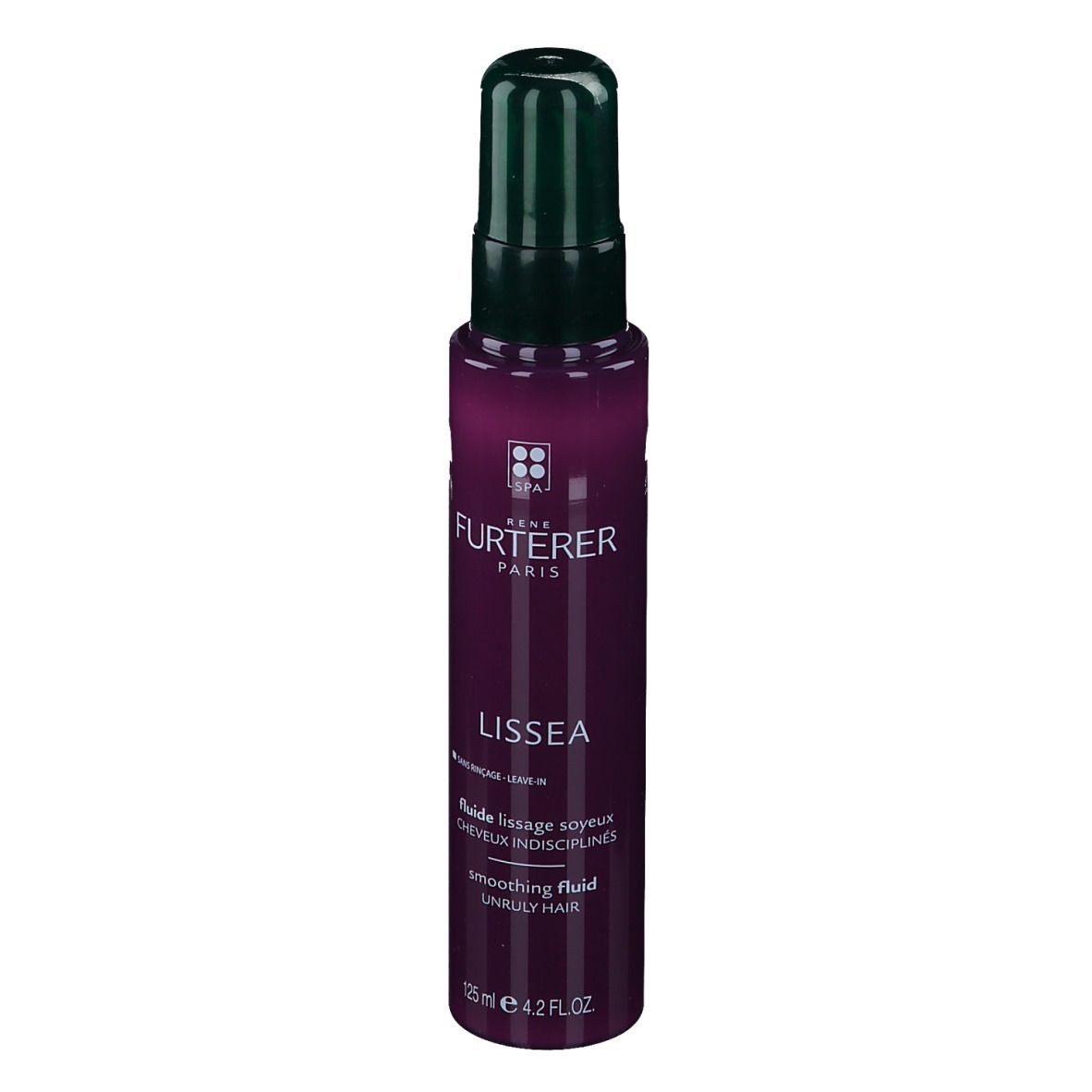 Flacon violet avec pompe verte. Inscription: FURTERER PARIS, LISSEA, smoothing fluid. Volume: 125 ml.