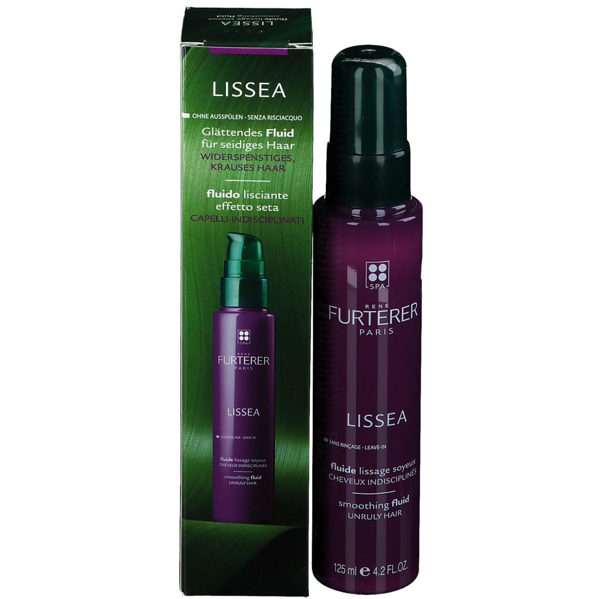Produit et emballage. Flacon violet avec pompe verte et boîte. Inscription: LISSEA, Glättendes Fluid.