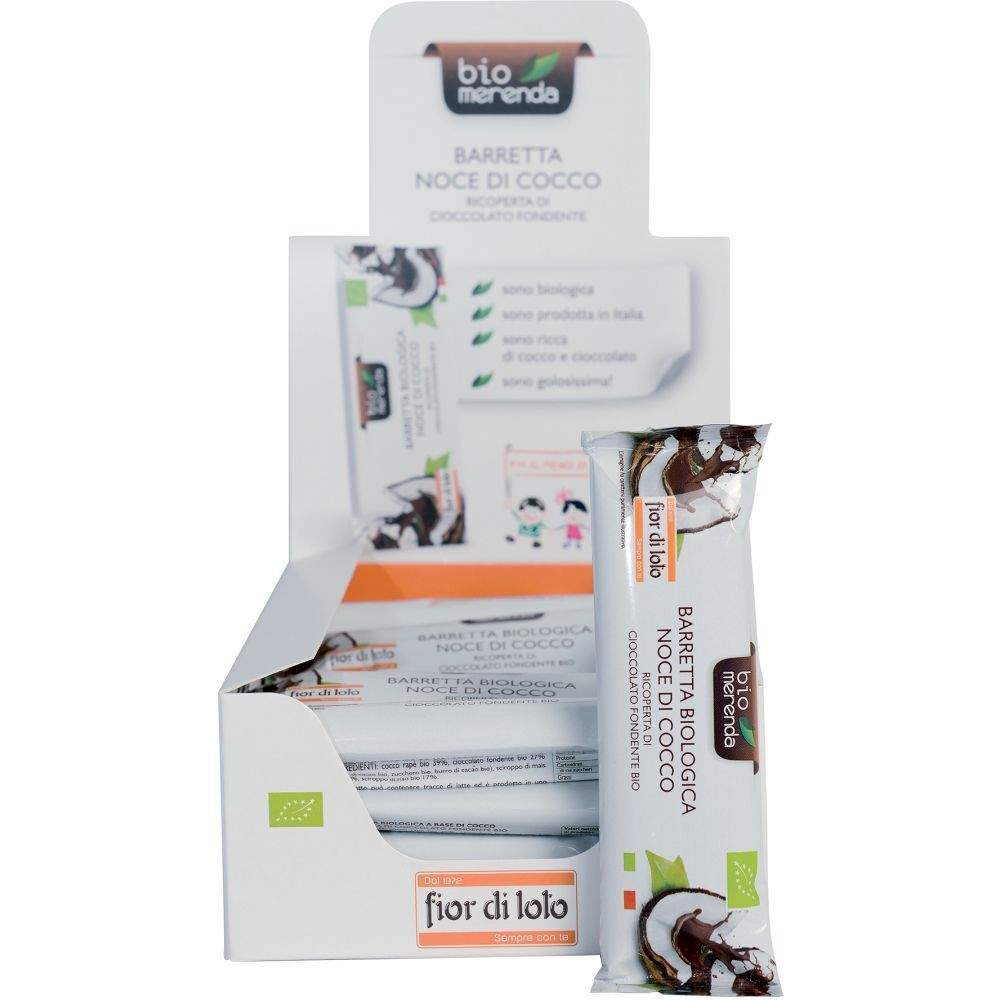 Espositore con barrette Barretta Bio Noce Cocco+Cioccolato. Logo Fior di Loto. Certificazione biologica. Confezioni singole.