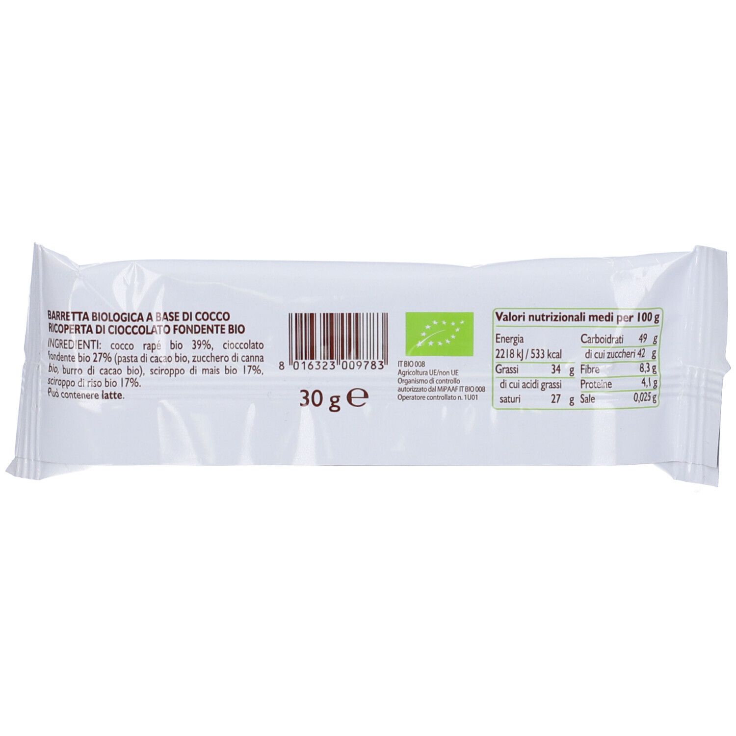 Retro confezione barretta Barretta Bio Noce Cocco+Cioccolato. Informazioni nutrizionali. Certificazione biologica. 30 g.