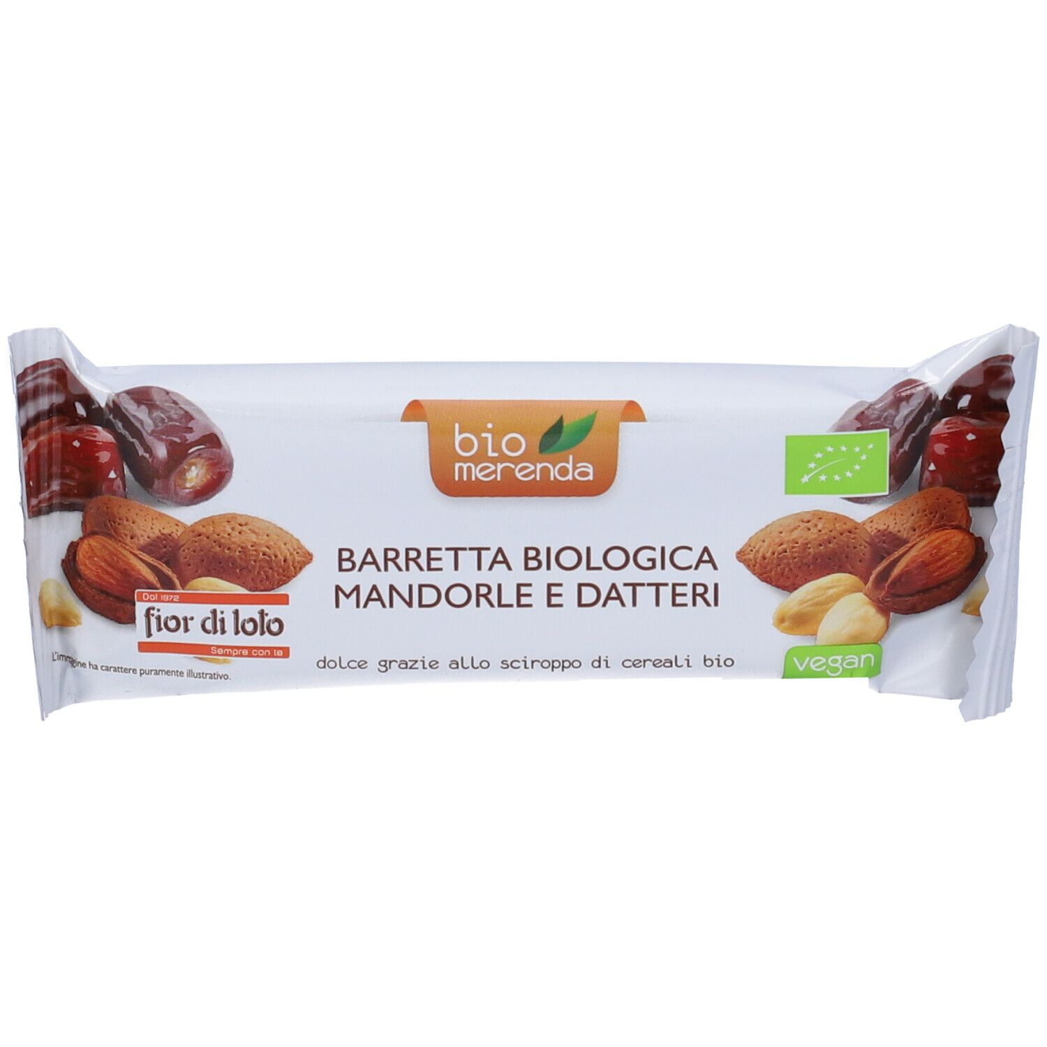 Confezione singola di barretta con mandorle e datteri. Scritta: Barretta Bio Mandorle e Datteri. Certificazione bio. Vegano.