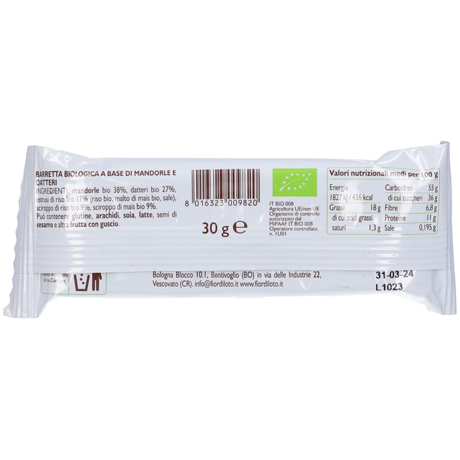 Retro della confezione della barretta. Elenco ingredienti, informazioni nutrizionali, certificazione bio, peso 30g, data di scadenza.