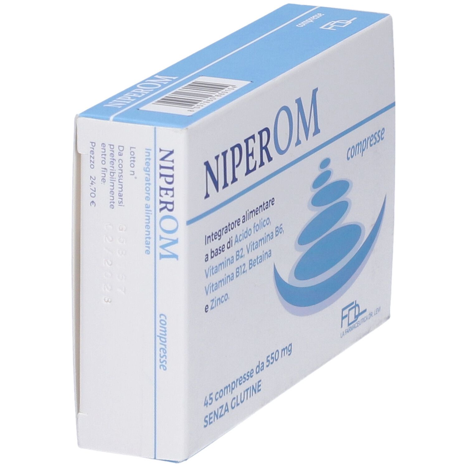 Schachtel mit Tabletten, leicht schräg. Aufschrift: NIPEROM, compresse. Enthält Vitamine und Mineralstoffe.